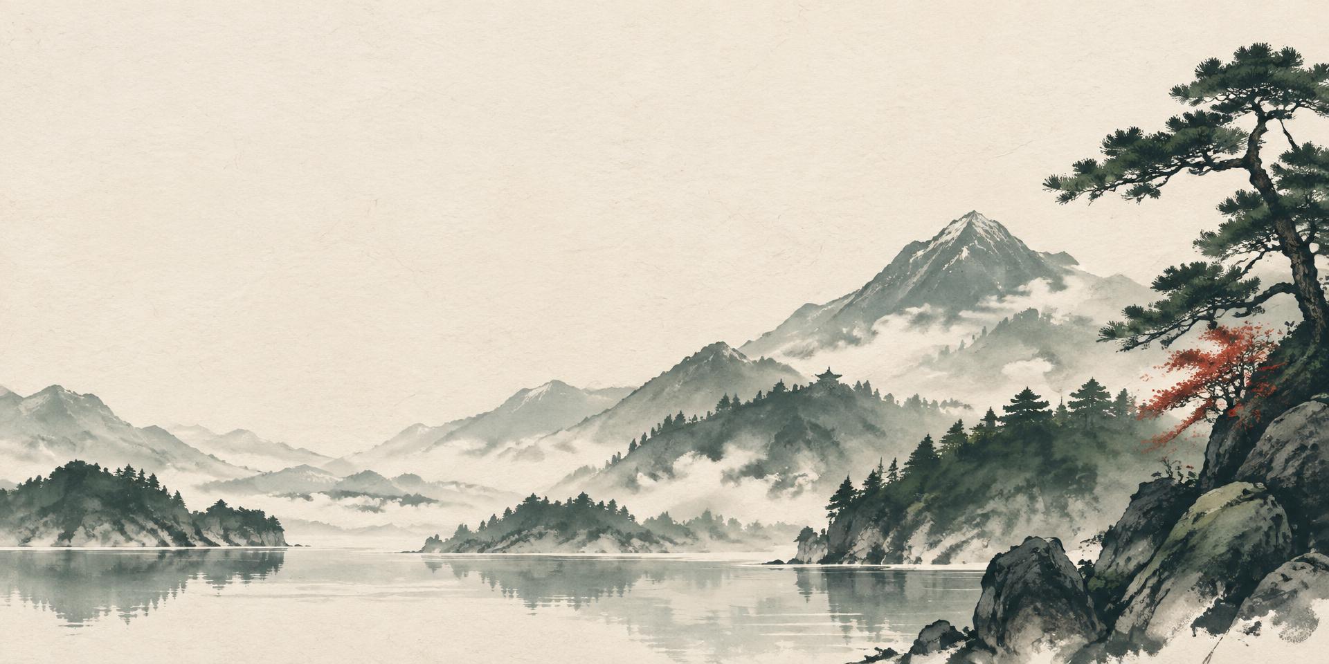 Misty Japanese mountain landscape on Washi paper