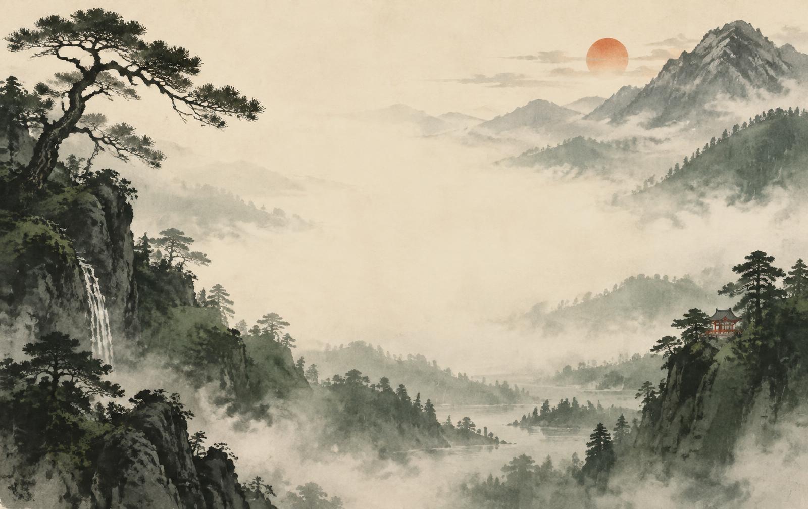 Misty Japanese mountains artwork