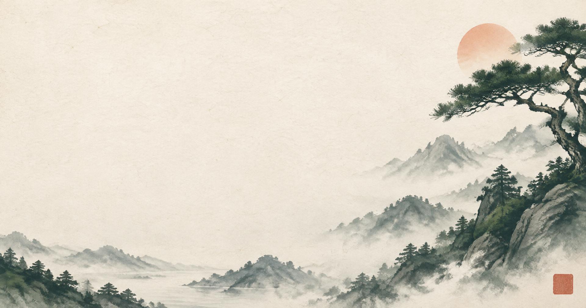 Washi social card with an ink mountain landscape